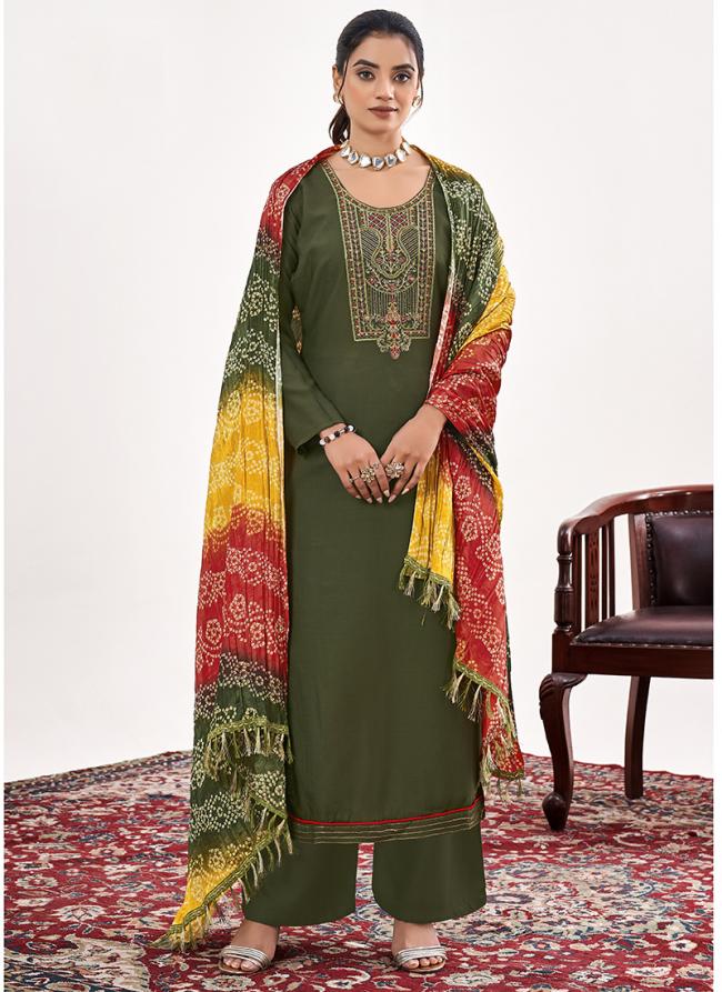 Rayon Mahendi Green Casual Wear Embroidery Work Palazzo Suit